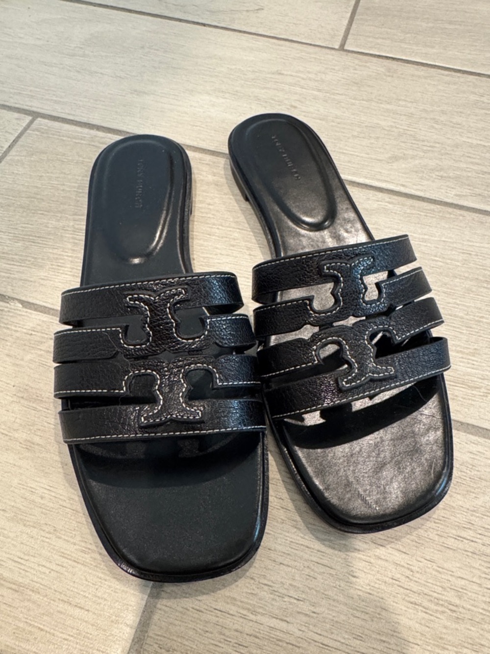 Tory Burch Black Leather Triple-Strap Slide Mules